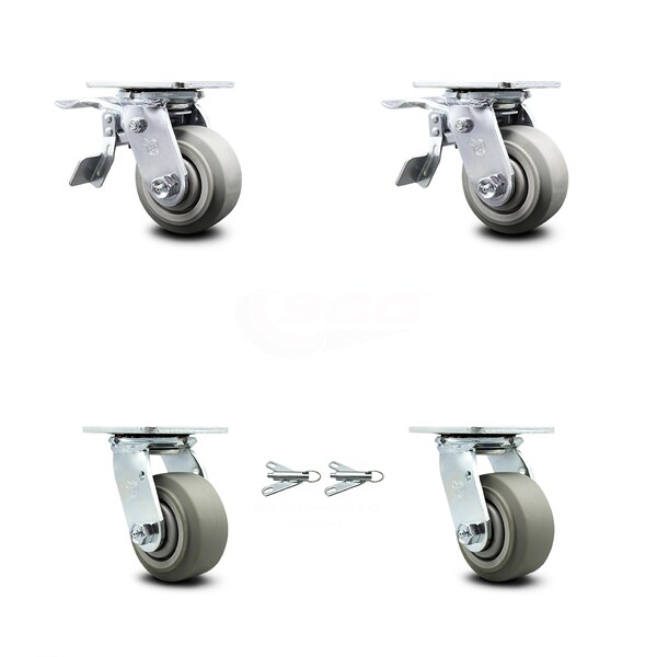 4 Inch Thermoplastic Rubber Caster Set with Ball Bearings 2 Brakes 2 Swivel Lock